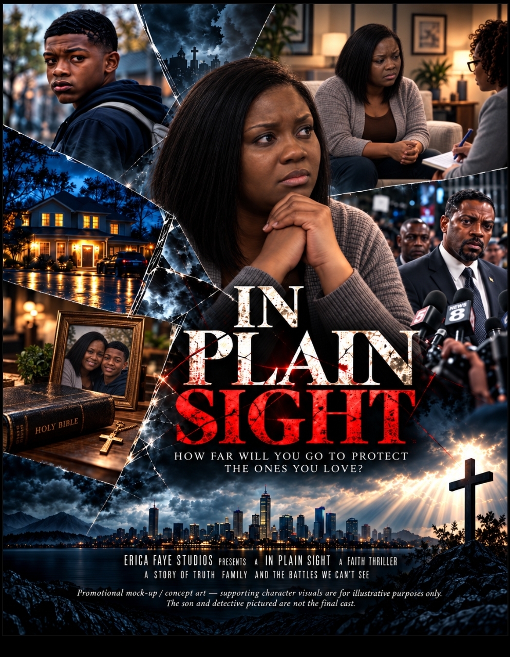 In Plain Sight promotional mock movie poster featuring Audrey and Bryan, a house, a therapy session, a Bible, and a detective at a press conference