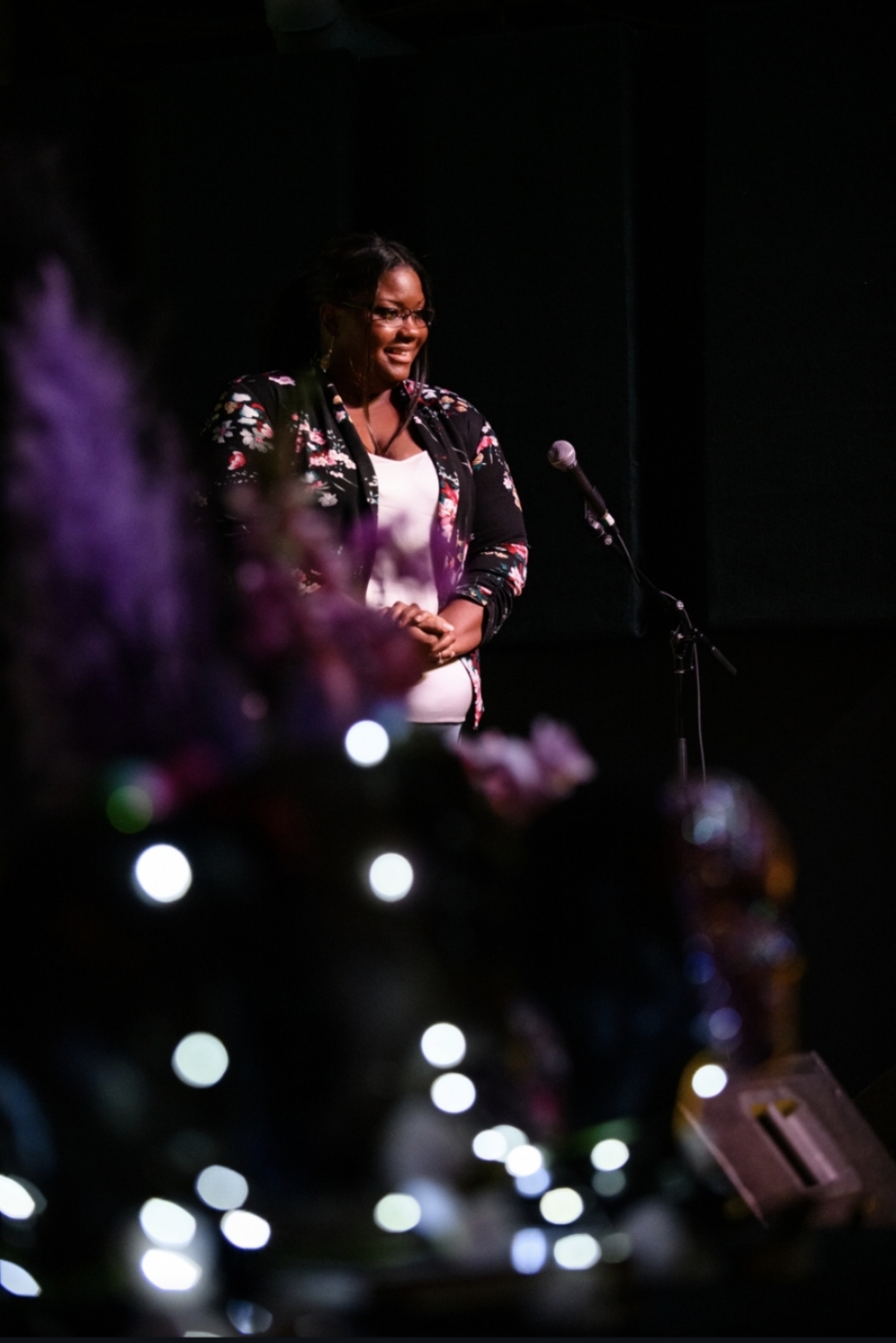 Erica addresses the room during Des Moines Art Week, bringing the storyteller behind the films into the spotlight.