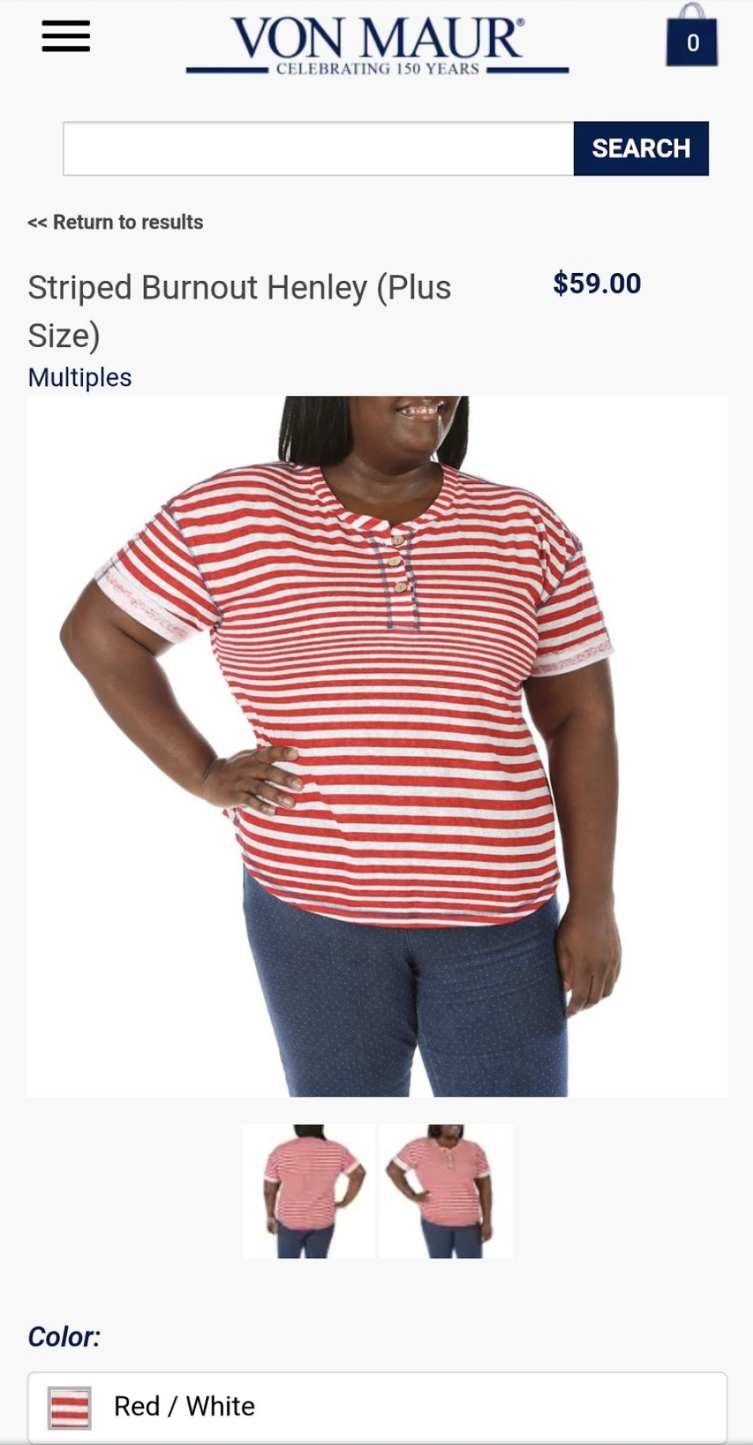 A red-and-white striped top and jeans showcase approachable everyday styling, with a pose that helps communicate the top’s cut and proportions.