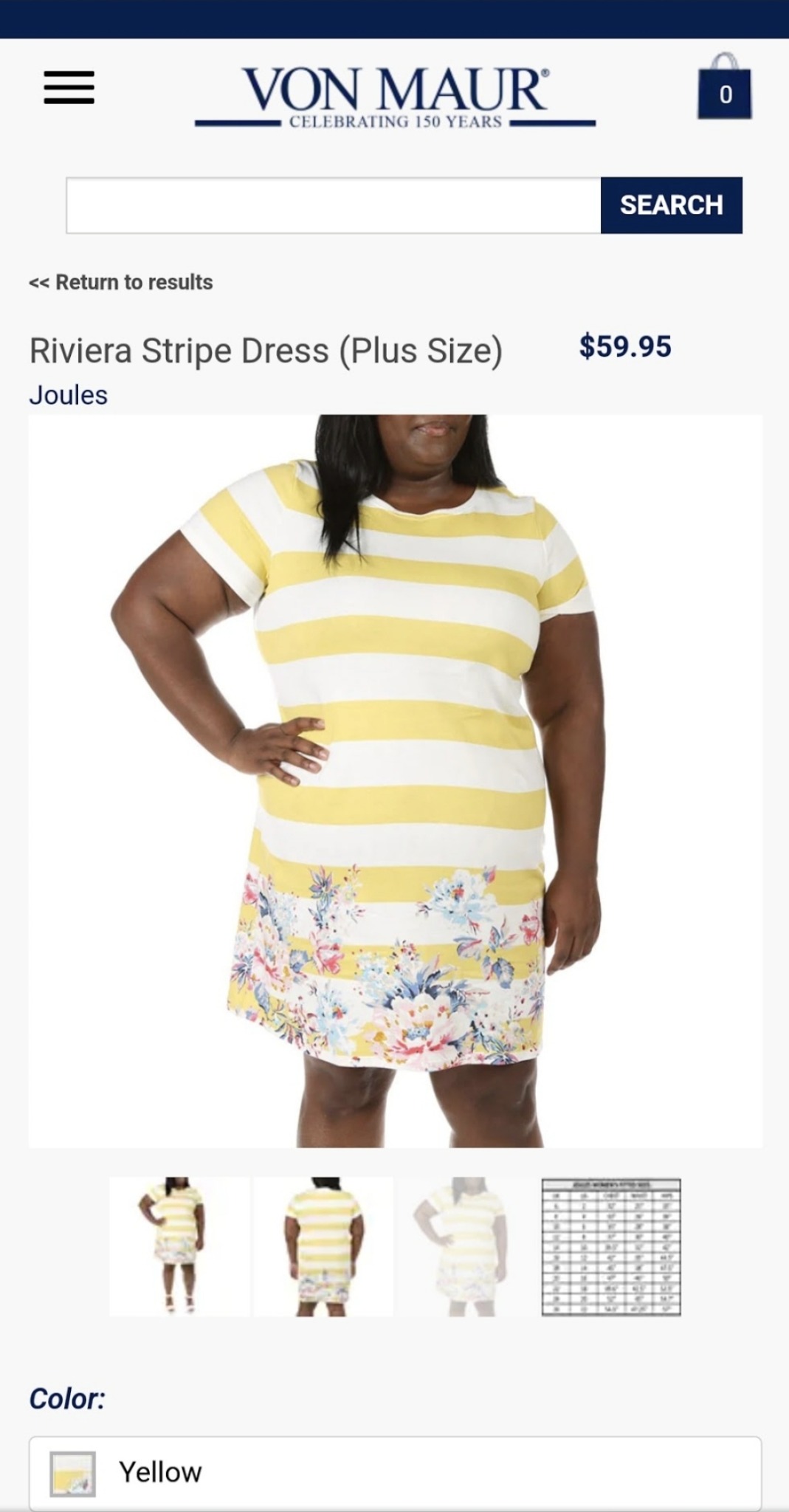 A yellow-and-white striped dress with a patterned hem brings a bright finish to the collection, capturing another distinct look from Erica’s Von Maur modeling work.